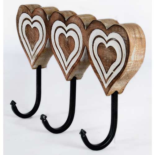 Mango Wood Heart Design Triple Hook